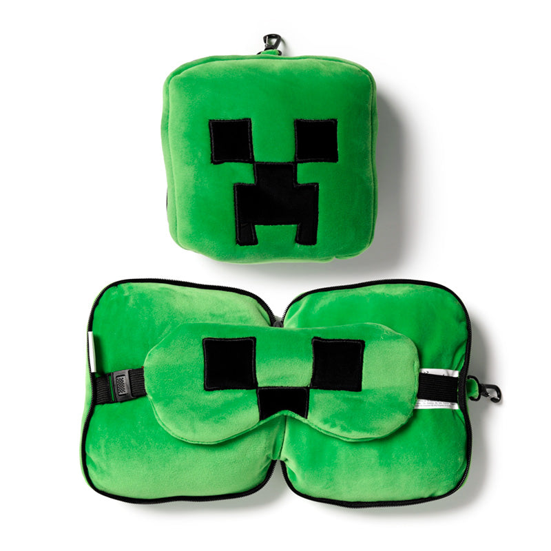 Relaxeazzz Minecraft Creeper Shaped Plush Travel Pillow  and  Eye Mask