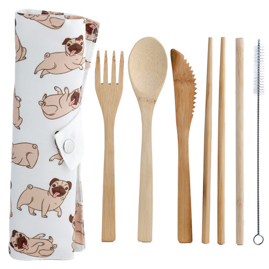 100% Natural Bamboo Cutlery 6 Piece Set - Mopps Pug