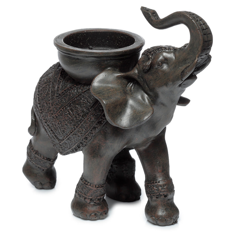 Decorative Tea Light Candle Holder - Peace of the East Wood Effect Elephant on Back