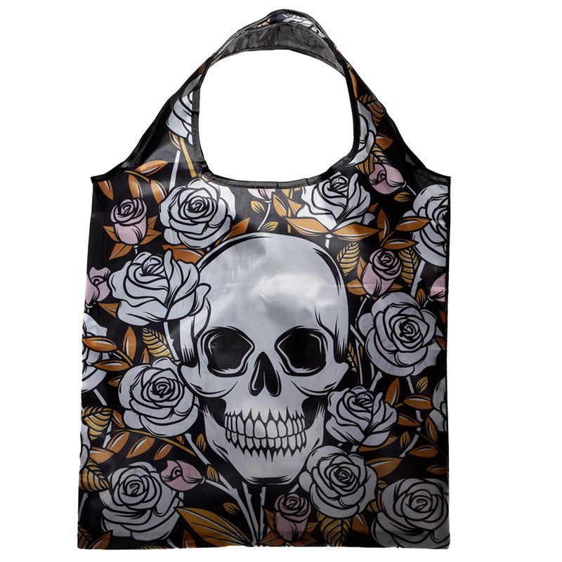 Handy Fold Up Skulls  and  Roses Shopping Bag with Holder