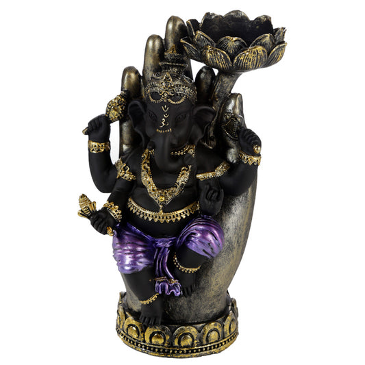 Decorative Purple, Gold  and  Black Ganesh - Lotus Tea Light Holder