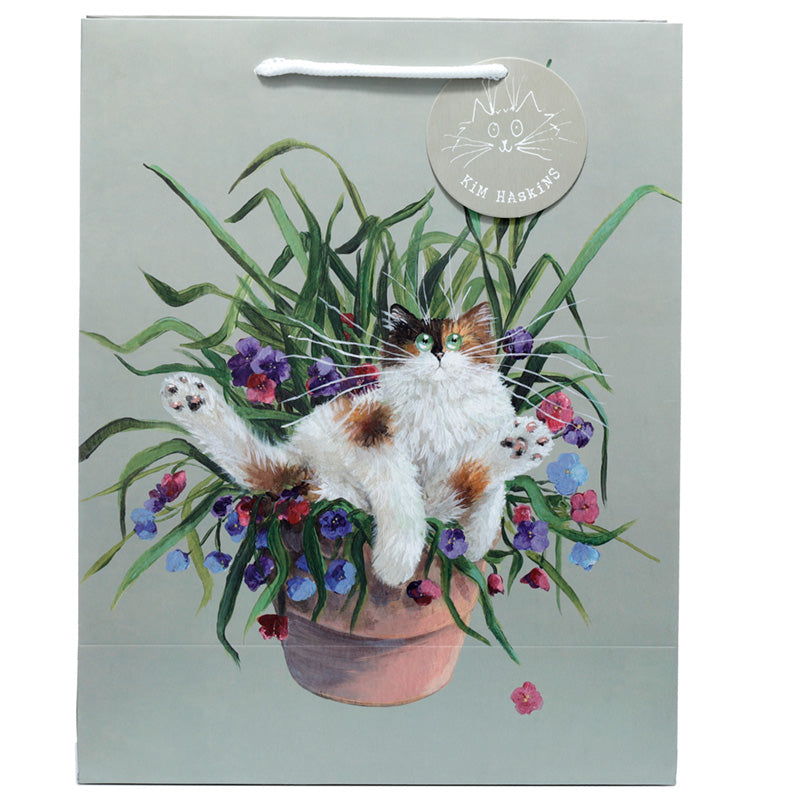 Kim Haskins Floral Cat in Plant Pot Green Gift Bag - Large