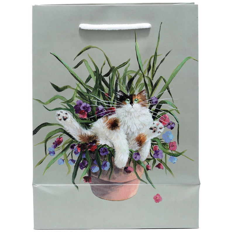 Kim Haskins Floral Cat in Plant Pot Green Gift Bag - Medium