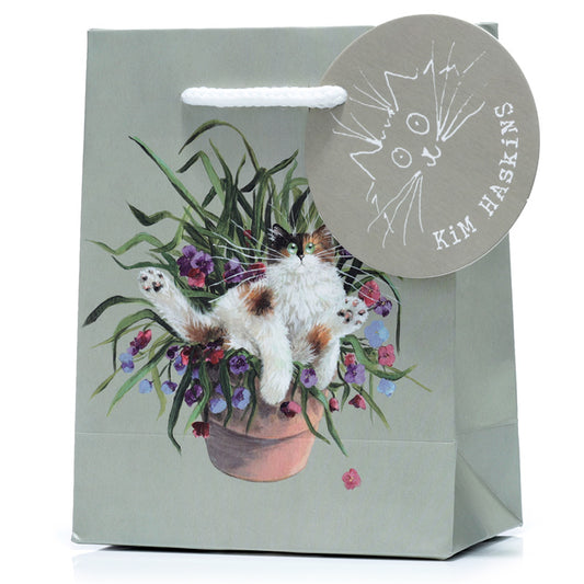 Kim Haskins Floral Cat in Plant Pot Green Gift Bag - Small