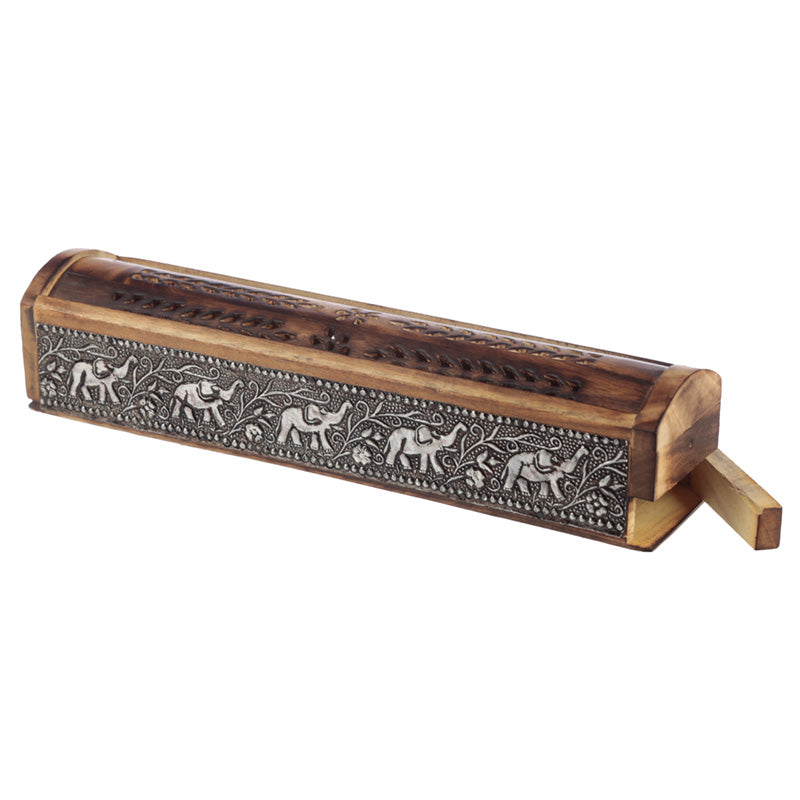 Decorative Elephant Inlay Sliding Lid Wooden Incense Burner Box