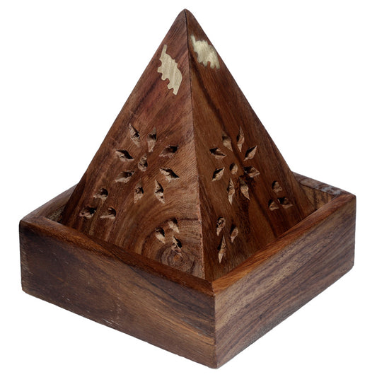 Sheesham Wood Pyramid Incense Cone Burner Box with Elephant