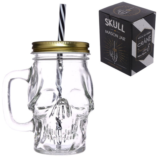 Glass Drinking Jar with Lid  and  Straw - Skull Shaped