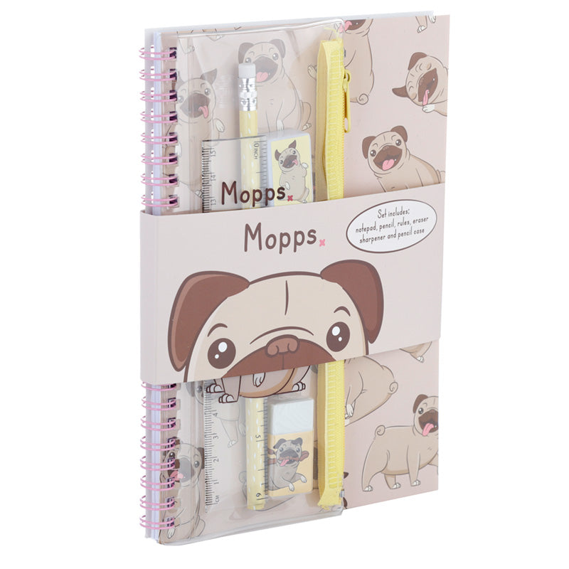 Ring Bound Notepad  and  Pencil Case 6 Piece Stationery Set - Mopps Pug