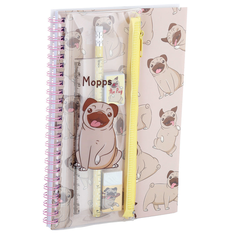 Ring Bound Notepad  and  Pencil Case 6 Piece Stationery Set - Mopps Pug