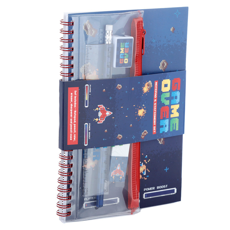 Ring Bound Notepad  and  Pencil Case 6 Piece Stationery Set - Game Over