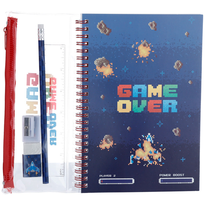 Ring Bound Notepad  and  Pencil Case 6 Piece Stationery Set - Game Over