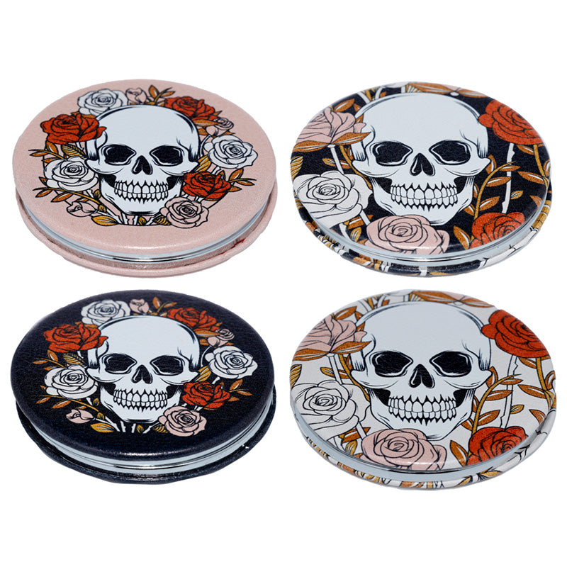 Leatherette Compact Mirror - Skulls  and  Roses