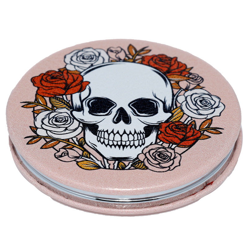 Leatherette Compact Mirror - Skulls  and  Roses