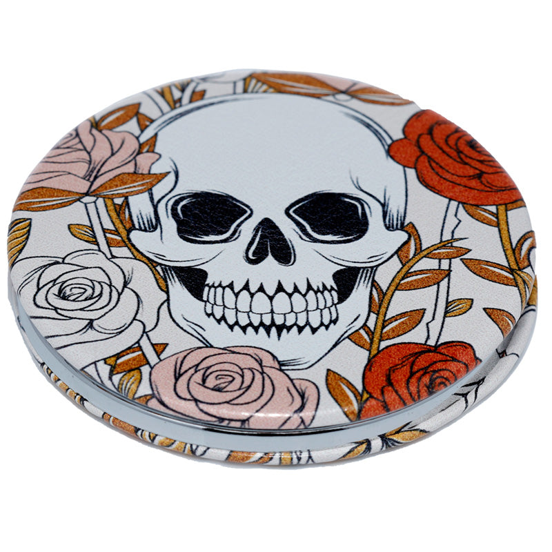 Leatherette Compact Mirror - Skulls  and  Roses