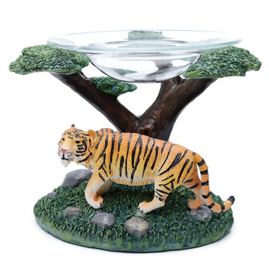 Tiger with Tree Resin Oil and Wax Burner with Glass Dish