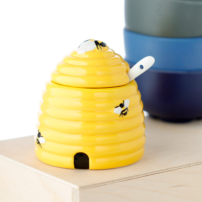 Beehive Shaped Ceramic Pot with Lid and Spoon