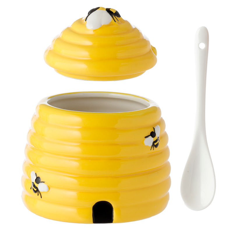 Beehive Shaped Ceramic Pot with Lid and Spoon