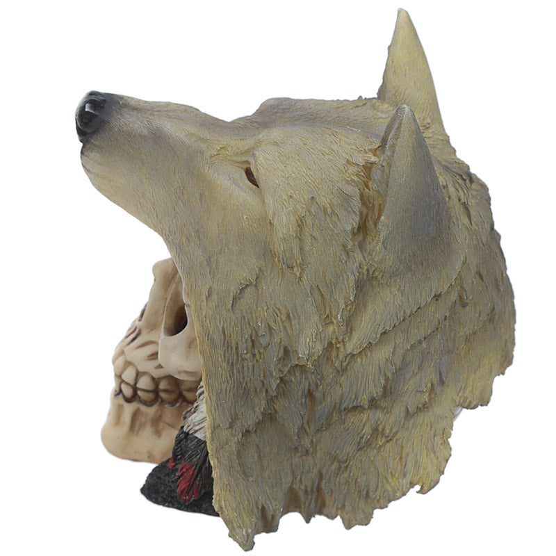 Fantasy Skull with Wolf Head Ornament