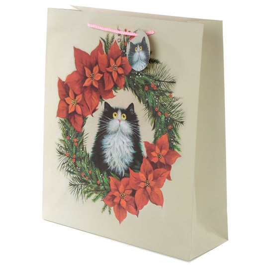 Kim Haskins Cat Christmas Wreath Extra Large Gift Bag