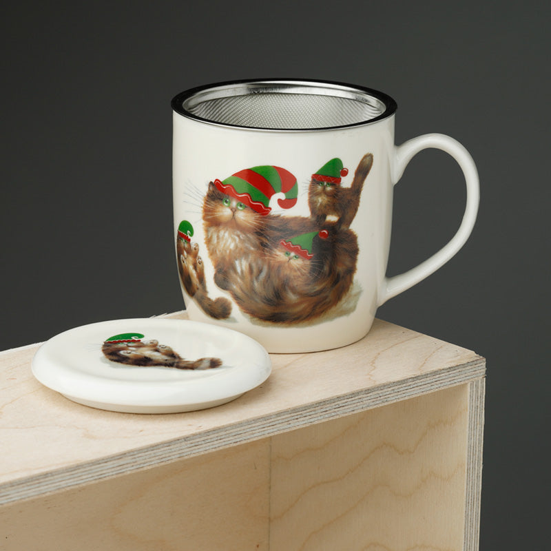 Porcelain Mug  and  Infuser Set - Kim Haskins Christmas Elf Cats