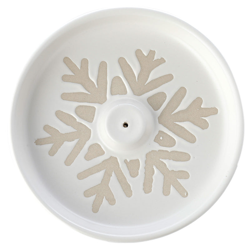 Stoneware Ashcatcher Incense Sticks  and  Cones Burner Dish - Christmas Snowflake White Glaze Relief