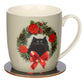 Christmas Porcelain Mug  and  Coaster Set - Kim Haskins Christmas Wreath Cat