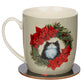 Christmas Porcelain Mug  and  Coaster Set - Kim Haskins Christmas Wreath Cat