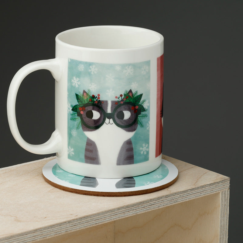 Porcelain Mug and Coaster Gift Set - Angie Rozelaar Planet Cat