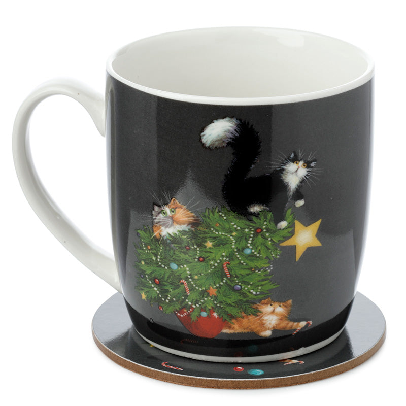 Porcelain Mug and Coaster Gift Set - Kim Haskins Christmas Tree Catastrophe Cats