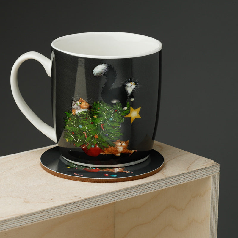 Porcelain Mug and Coaster Gift Set - Kim Haskins Christmas Tree Catastrophe Cats