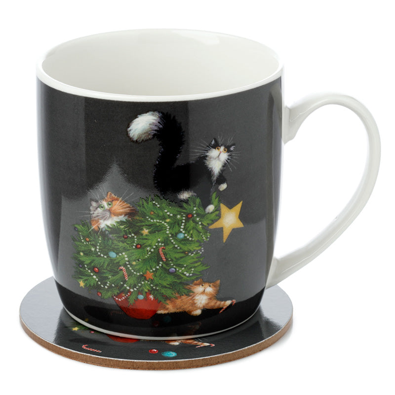 Porcelain Mug and Coaster Gift Set - Kim Haskins Christmas Tree Catastrophe Cats