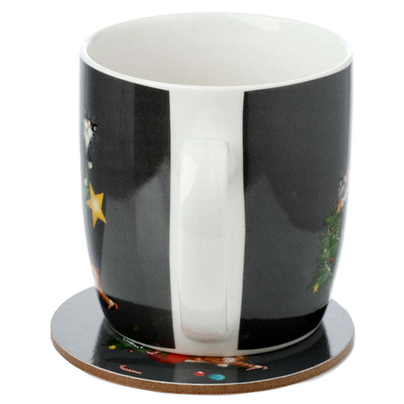 Porcelain Mug and Coaster Gift Set - Kim Haskins Christmas Tree Catastrophe Cats