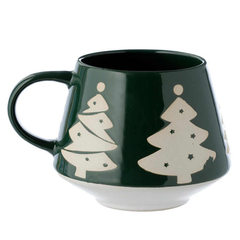 Stoneware Mug Green Glaze Relief - Christmas Tree