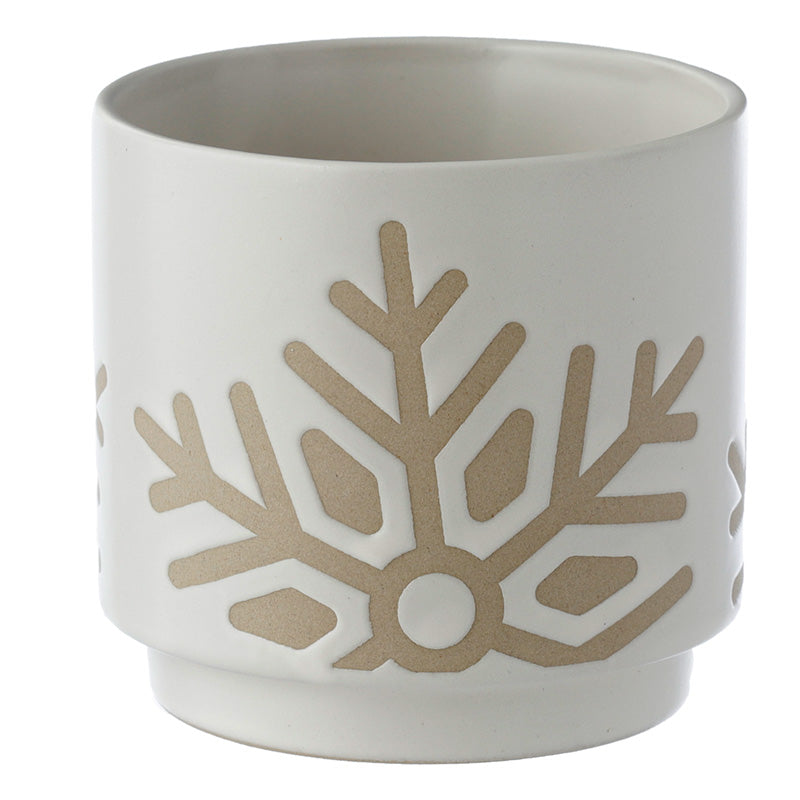 Decorative Stoneware Indoor Freestanding Planter/Small Plant Pot - Christmas Snowflake White Glaze Relief