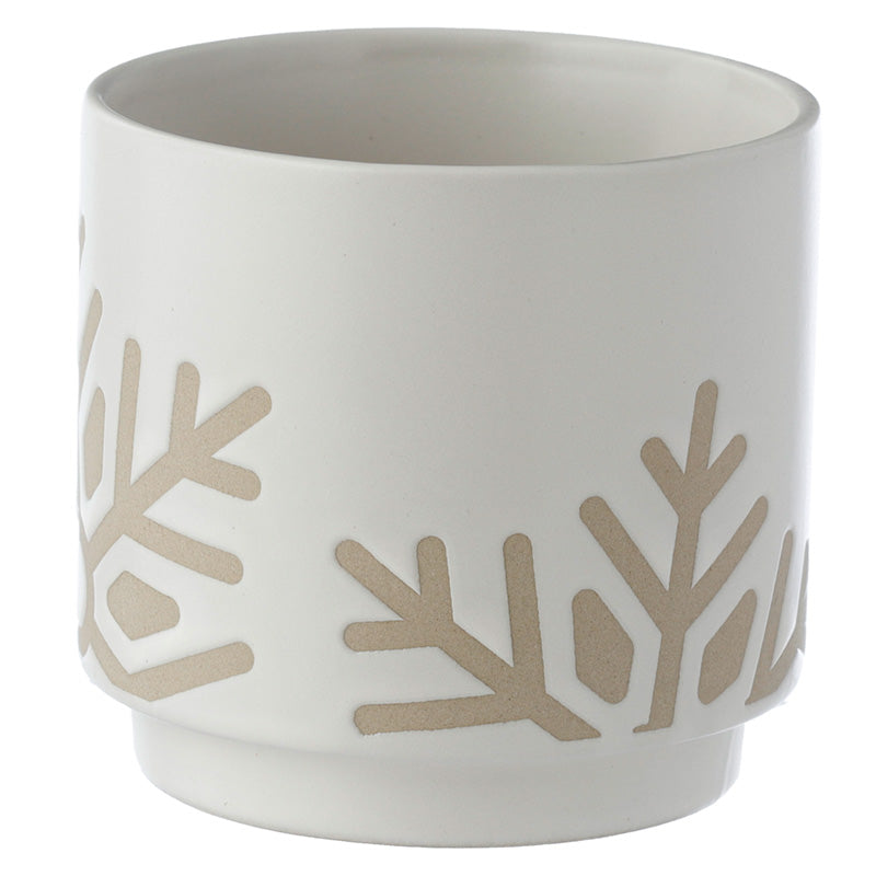 Decorative Stoneware Indoor Freestanding Planter/Small Plant Pot - Christmas Snowflake White Glaze Relief