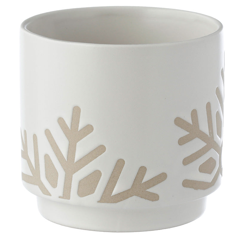 Decorative Stoneware Indoor Freestanding Planter/Small Plant Pot - Christmas Snowflake White Glaze Relief