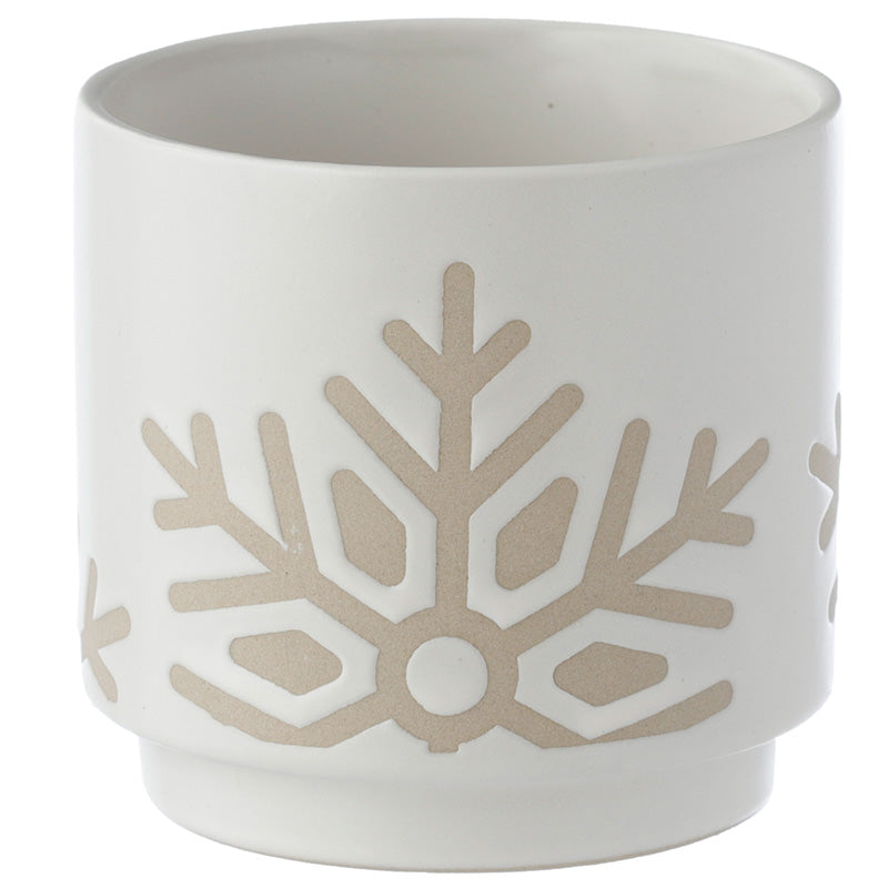 Decorative Stoneware Indoor Freestanding Planter/Small Plant Pot - Christmas Snowflake White Glaze Relief